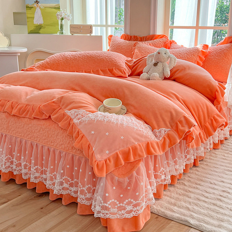 Double-Sided Milk Velvet Four-Piece Bed Set, New Single Bed Cover, Bed Skirt, Lace Winter Fleece-Lined Thickeneded Coral Velvet Quilt Cover