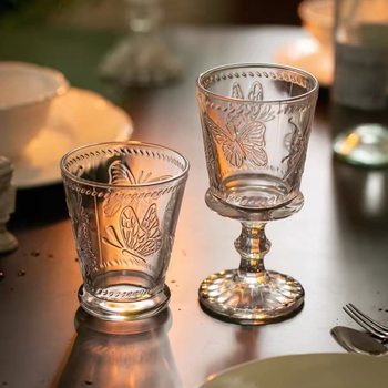 French Butterfly Embossed Transparent Glass Water Cup Retro Mid-Century Style Beverage Cup Coffee Cup Tall Red Wine Cup