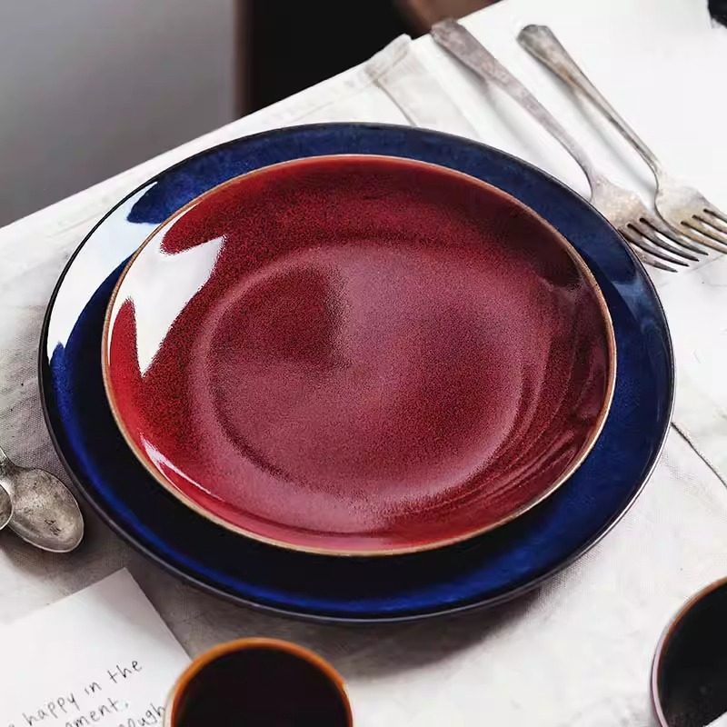 Cross-Border Retro Creative Kiln-Turned Ceramic Salad Plate Round Shallow Plate Flat Plate Hotel Restaurant Western Steak Plate Home