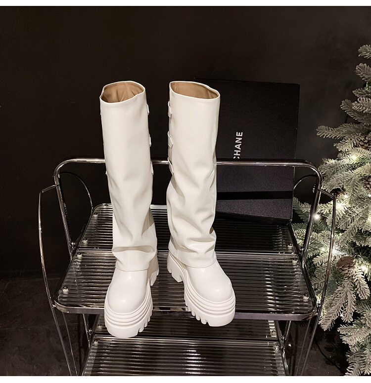 Boot nữ cổ cao ôm bắp chân da bò đế dày tôn dáng — Lớp lót đơn màu nâu 12cm, Lớp lót đơn màu nâu 15cm, Lớp lót đơn màu trắng nhạt 12cm, Lớp lót đơn màu trắng nhạt 15cm