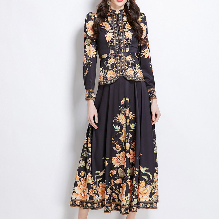 French Style Womens Two Piece Dress Set Floral Print Puff Sleeves High Waist Flared Skirt Elegant Occasion Wear