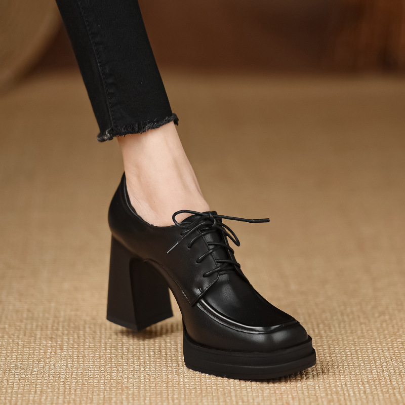 Giày cao gót nữ gót vuông 8.5cm mũi vuông da lì buộc dây — Màu đen