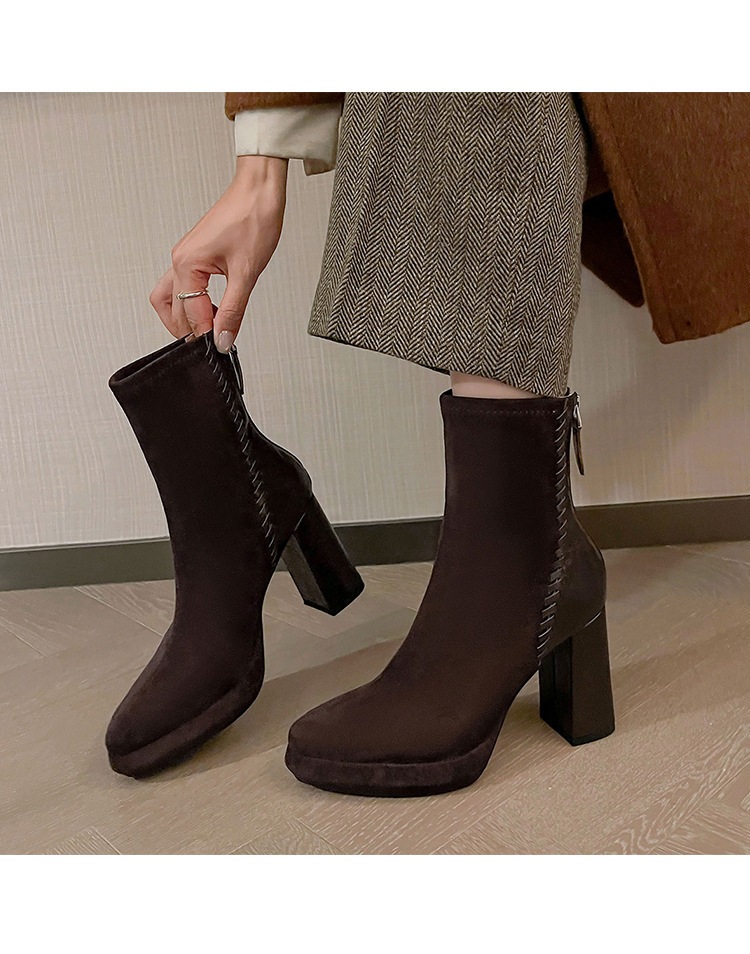 Boot nữ mũi nhọn gót thô cao 9cm cổ ngắn ôm chân phối da cừu — Lớp lót đơn màu đen, Lớp lót đơn màu nâu, Lót nhung đen, Lót nhung màu nâu