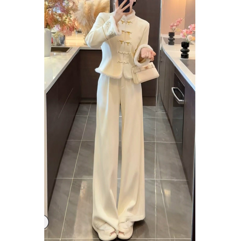 Jade Bone 2025 Autumn/Winter New Elegant Waist-Cinching Embroidered Button Two-Piece Set for Women, New Chinese Retro Suit with Pants Trend