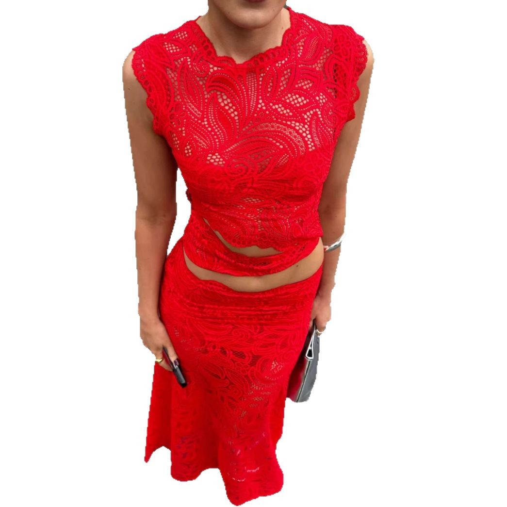 Red Lace Sleeveless Top and Mermaid Skirt Set Sexy Design Irregular Hem Elegant Style Perfect for Parties and Events