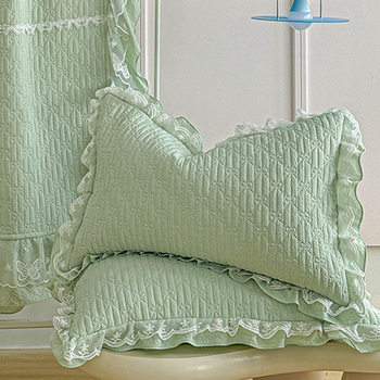 Korean Style Lace Pillowcase, a Pure Color Bubble Cotton Quilted Thickeneded Adult Pillowcase, Ruffled Quilted Pillowcase