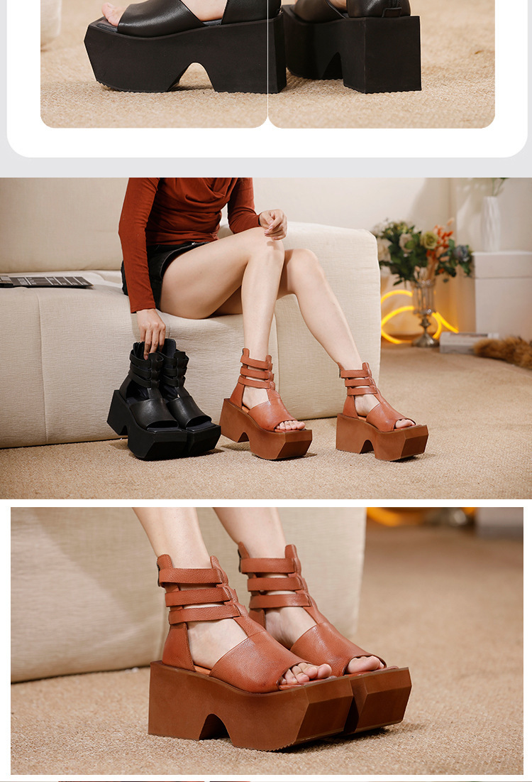 Sandal La Mã nữ đế dày tăng chiều cao, giày cao gót quai dán phong cách châu Âu — màu đen, Màu nâu