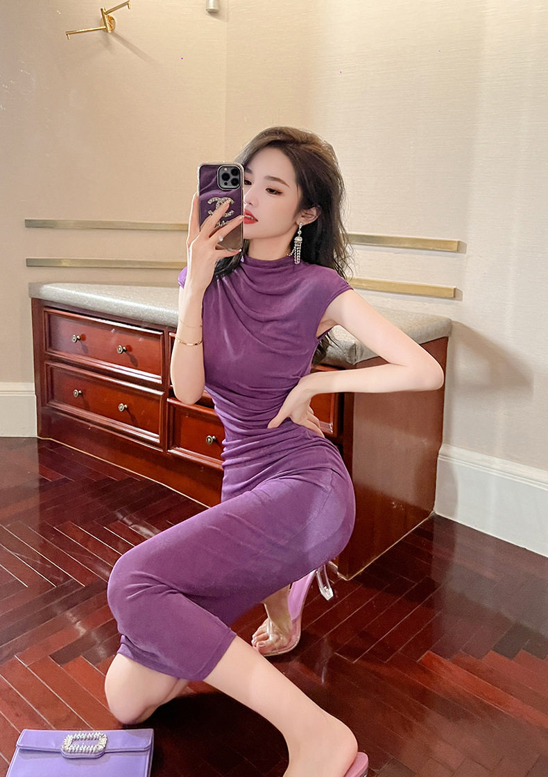 Đầm ôm body nữ dáng dài, cổ đứng, tay không, eo cao, phong cách châu Âu — [Đen], [Tím cỏ lộc đài] chi tiết 7