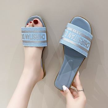 2024 Summer Outer Wear Flat-Soled Square-Toe Beach Travel Casual Versatile Slippers Embroidered Letter Women's Shoes