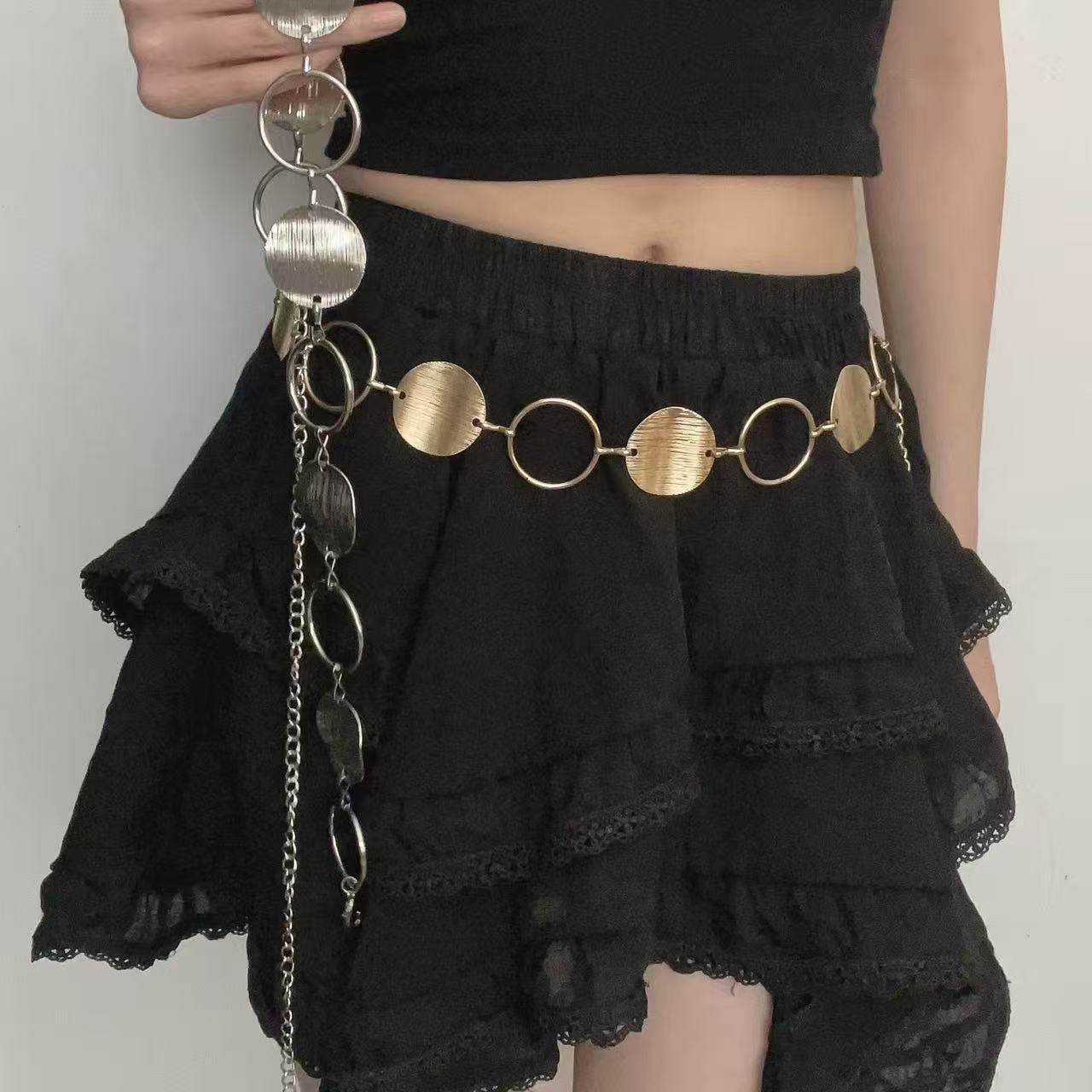 New Hot Selling Personalized Geometric Ring Splicing Metal Waist Chain for Women Hip-Hop with Skirt Hollow Body Chain Accessories