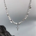 Double Pearl Cross Necklace
