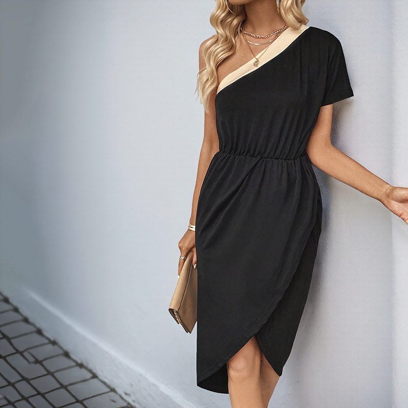 Asymmetrical Color Block Dress Waist Defining One Shoulder Elegant Style Perfect for Parties and Events Wholesale
