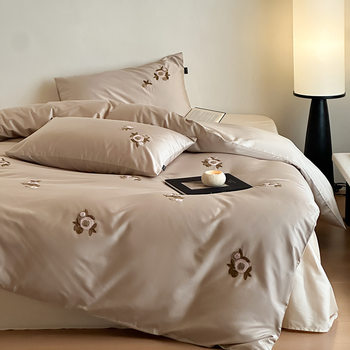 Spring and Summer Satin Long-Staple Cotton Towel Embroidered Four-Piece Set High-End Simple Cartoon Solid Color Bed Sheetss Bedding