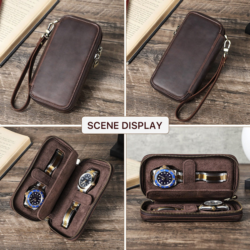 Vintage Crazy Horse Leather Pocket Watch Storage Box Travel Portable Handmade Two-piece Leather Jewelry Watch Box