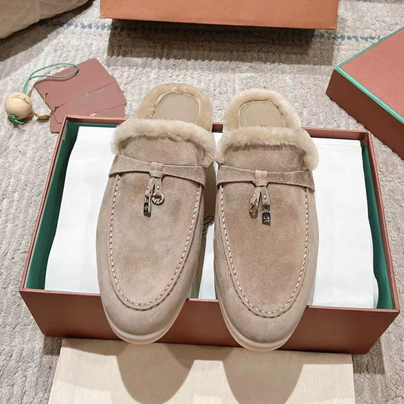 High-End Italian Loafers for Autumn and Winter, Fleece-Lined, Closed-Toe, Wool Slip-On Shoes, Flat Half-Slipper, Furry Slippers for Couples