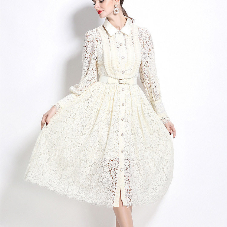 French Lace A Line Dress Embroidered Hollow Out Long Sleeve Knee Length Elegant Style Perfect for Spring and Autumn