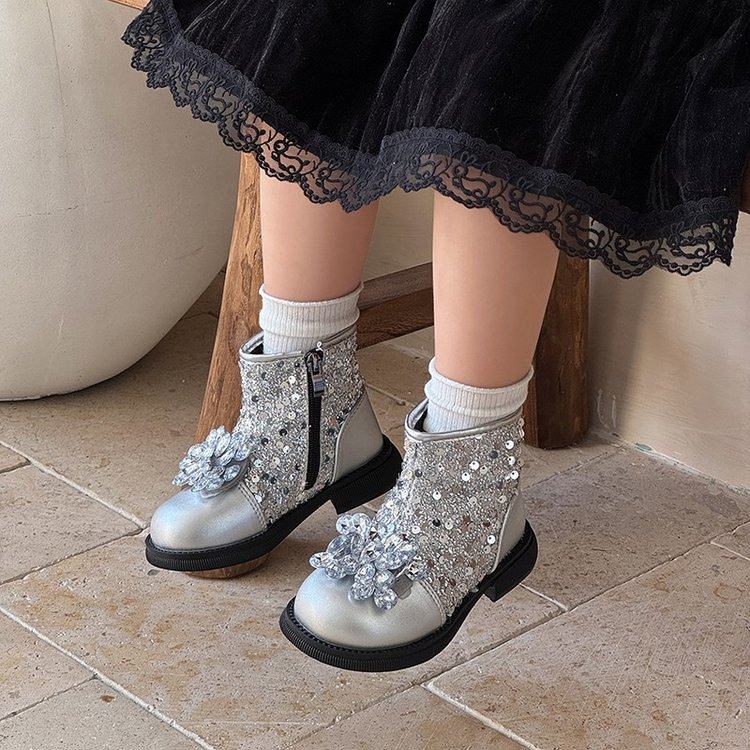 Girls Princess Short Boots Autumn and Winter Children's Boots Sequined Crystal Princess Shoes Silver Style Little Girls Martin Boots