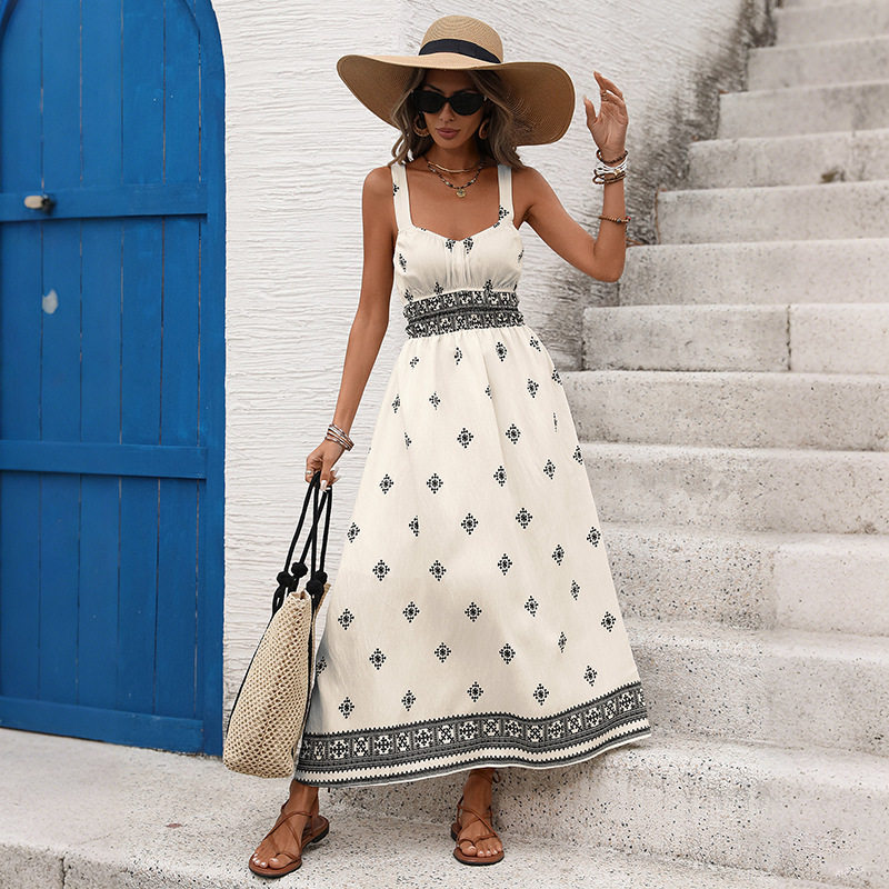 Geometric Print Backless Maxi Dress Vintage Ethnic Style Perfect for Summer Vacations Wholesale Available