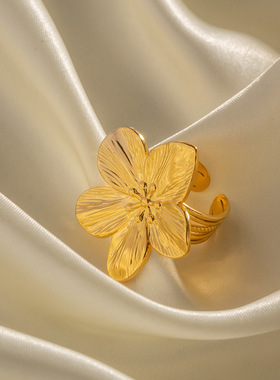 法式宫廷风无光泽复古金色不锈钢花朵金属开口戒指级设计感戒指