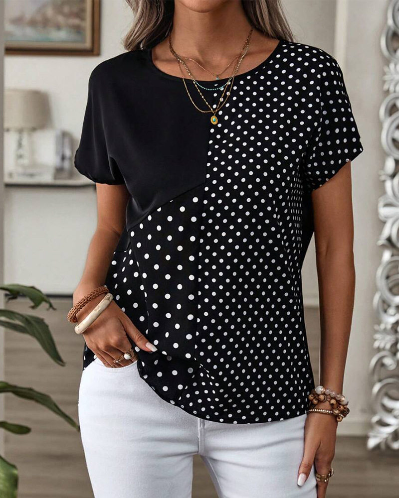 Womens Short Sleeve Polka Dot Print T Shirt Round Neck Casual Style Spring Fashion Wholesale Available