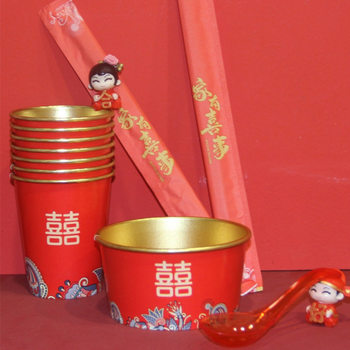 Disposable paper bowl wedding paper bowl disposable household wedding tableware suit a set of wedding bowls thickened red