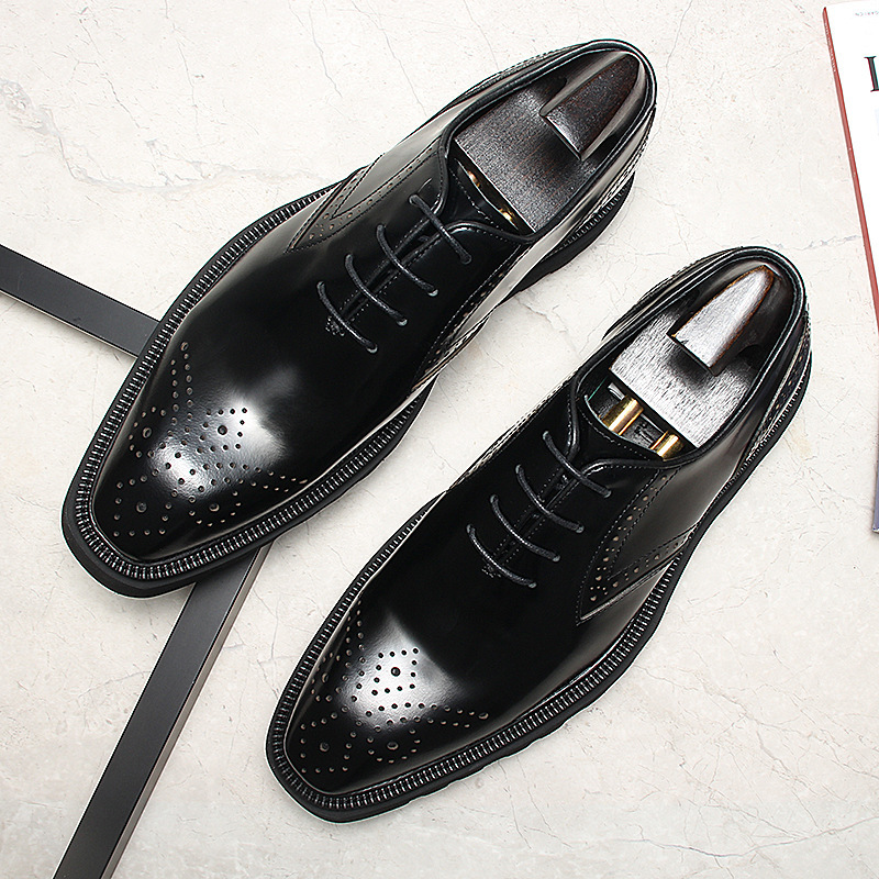 Giày da nam buộc dây đế dày họa tiết brogue mũi vuông — đen, màu