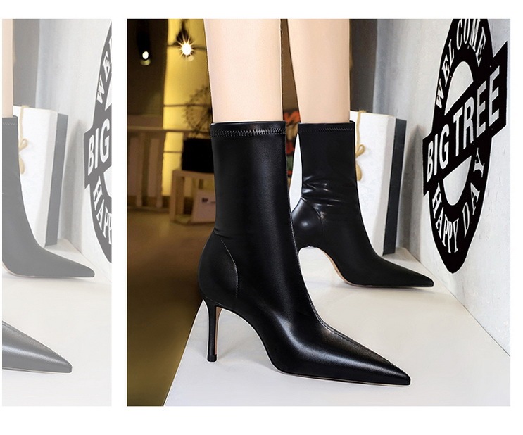 Boot nữ cổ thấp mũi nhọn gót nhọn cao 7.5cm phong cách thanh lịch — Màu đen lót một lớp, Màu đen lót nhung, Màu Kaki lót nhung, Màu Kaki một lớp lót trong