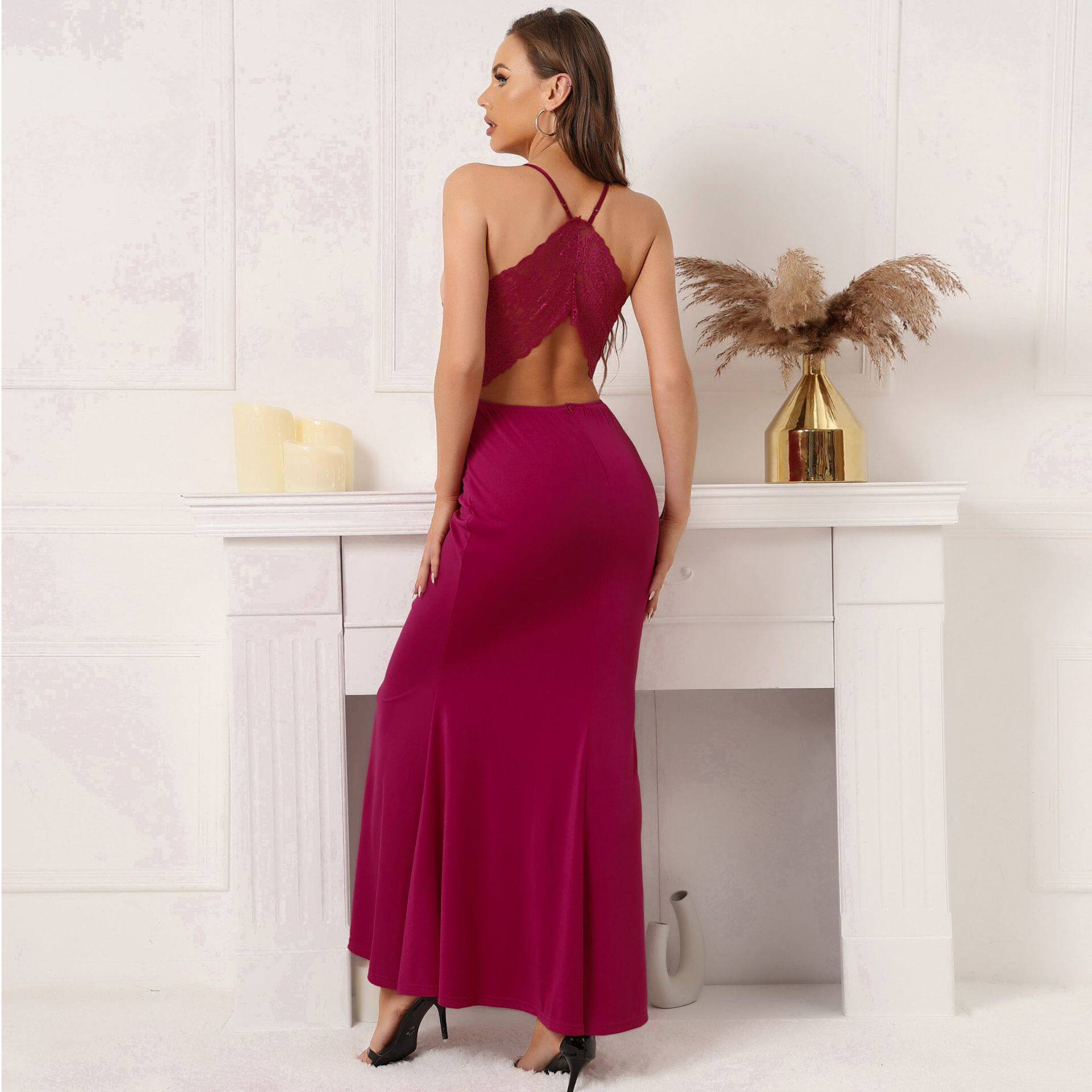 Lace Trimmed Backless Maxi Dress Elegant Sleeveless Design Sexy Fit Perfect for Evening Parties Wholesale Available