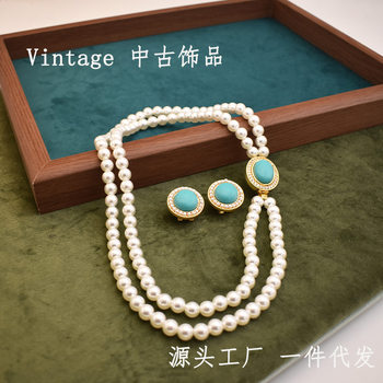 Vintage Retro Minimalist Pearl and Diamond Natural Stone Niche Women's Necklace and Earrings Versatile and Artistic