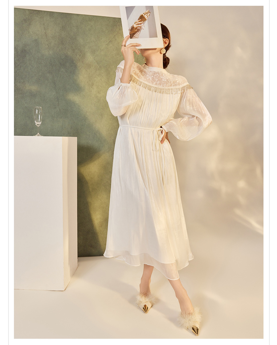 Đầm dài tay ren tua rua dáng xòe thanh lịch — Trắng lụa tuyết (giao hàng trong ngày), Trắng tuyết satin (giao hàng trong 7 ngày)