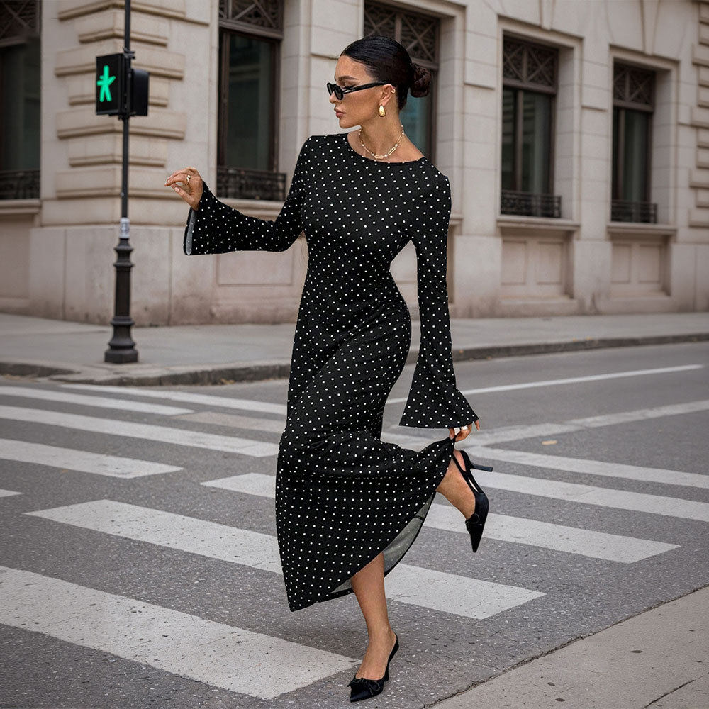 Black Polka Dot Maxi Dress for Women Long Sleeve Open Back Slim Fit Adjustable Tie Spring Summer Occasion