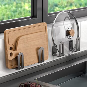 No-Drill Pot Lid Holder Kitchen Wall-Mounted Pot Lid Storage Rack Multifunctional Pot Lid Cutting Board Hook Rack