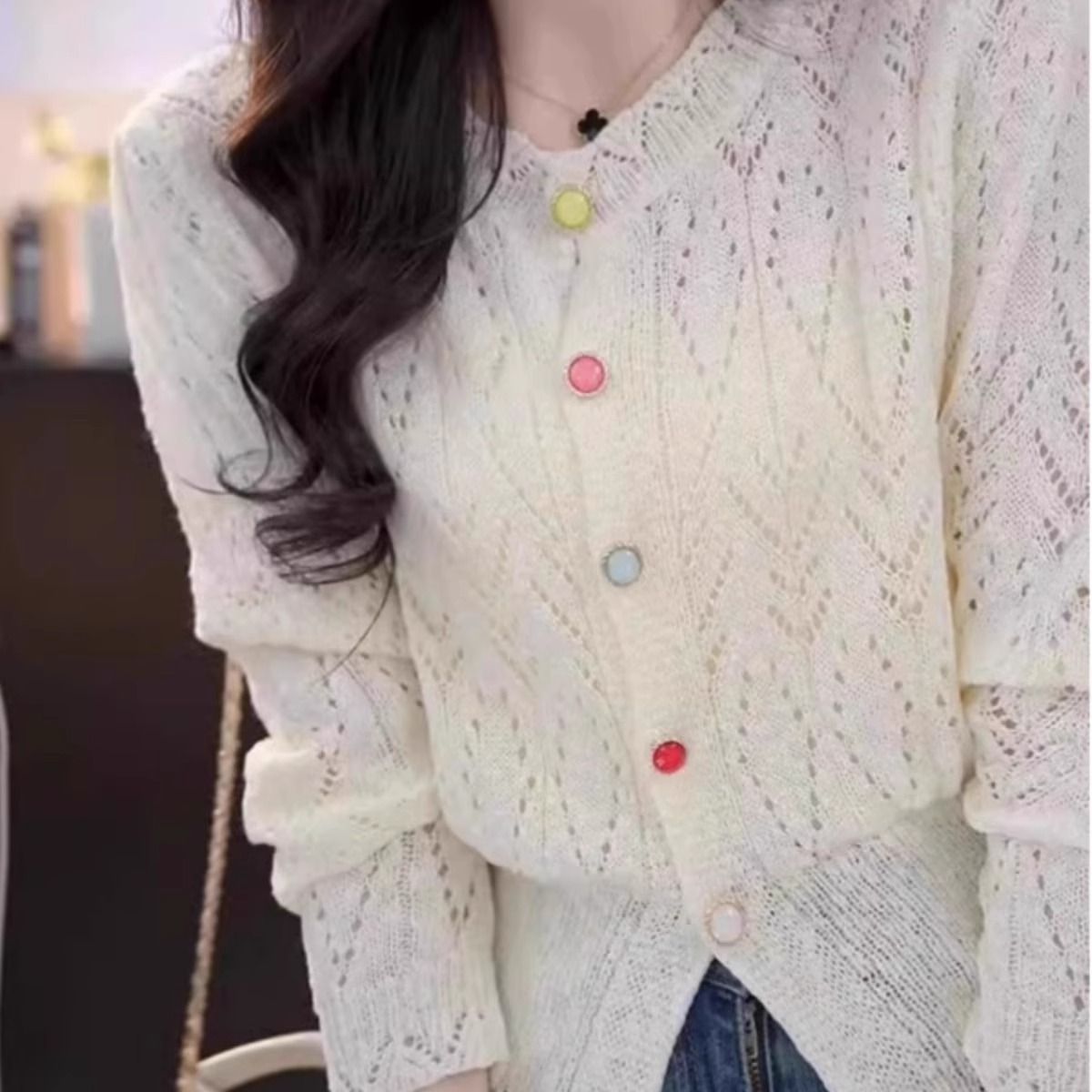 Lace Hollow Round Neck Knit Sweater for Women Soft Fabric Long Sleeve Versatile Style Spring Summer Casual Wear