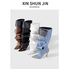 2025 Stud Buckle Stitching Two-Wearing Thin Heel Denim Pleated Pile Boots Women's Personality Hot Girl Fashion Boots Women