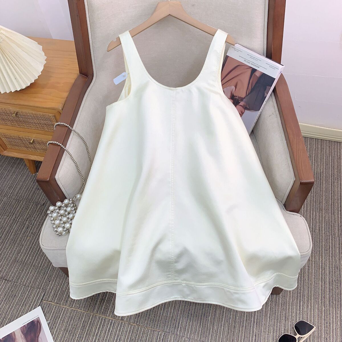 Đầm hai dây lụa tơ tằm dáng chữ A tay công chúa phong cách thanh lịch — [Quần short chống chói miễn phí màu lục lam] Len lụa, [Quần short chống lộ màu nâu hạt dẻ] Len lụa, [Quần short chống lộ màu trắng ngọc trai] Len lụa