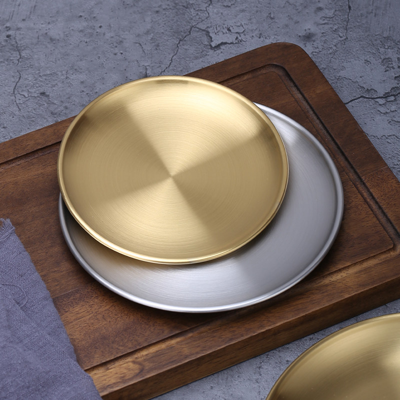 Korean Tableware 304 Stainless Steel Round Plate Thickeneded Barbecue Plate Spit Bone Plate Golden Tray Fruit Cake Plate