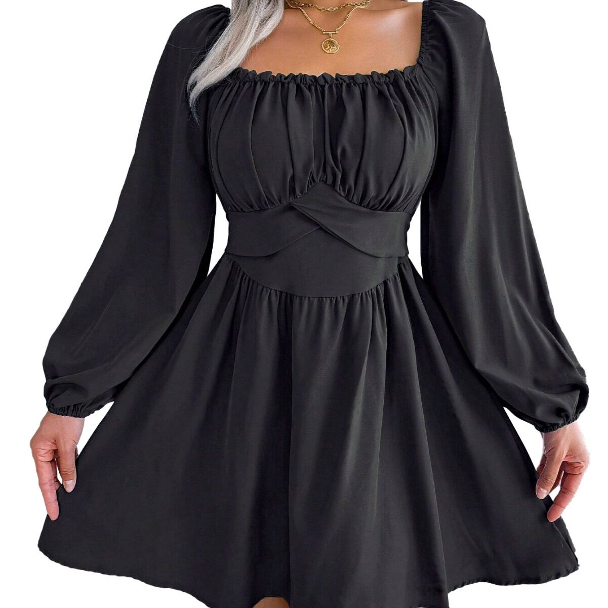 French Style Womens Dress Square Neck Pleated Waist Defining Slim Fit Autumn Winter Casual Wear Wholesale