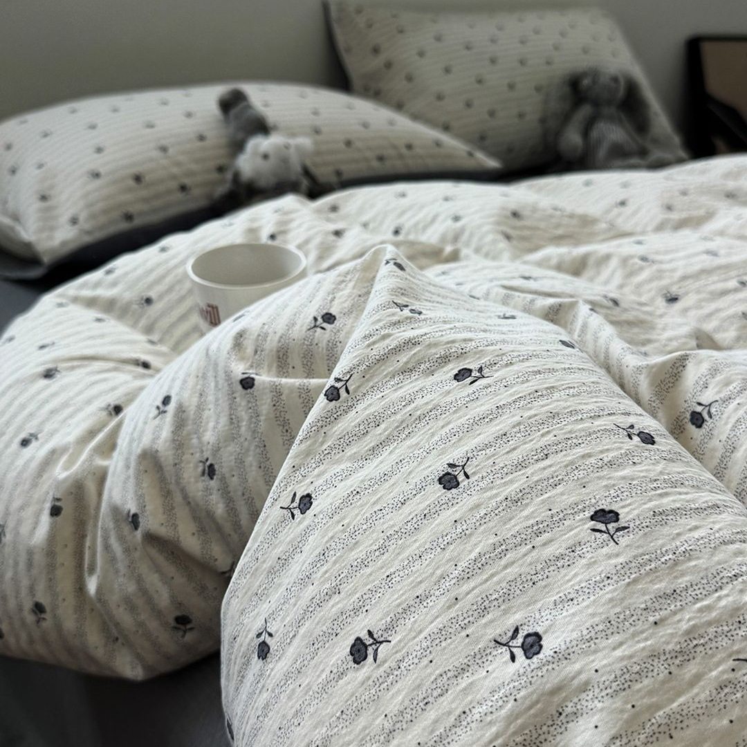 Washed Cotton Bed Four-Piece Fitted Sheet Set, Light Luxury Style Double-Layer Gauze Quilt Cover, Soft Bedroom Dormitory Bed Bed Sheets Three-Piece Set