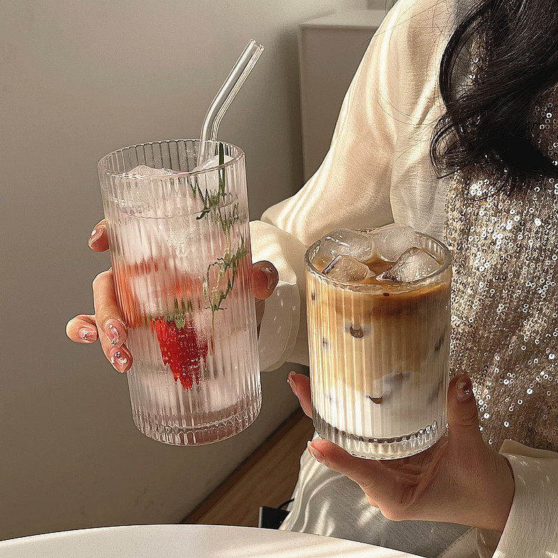 Ins Style Simple Striped Glass Cup American Coffee Cup Latte Juice Cup Cold Drink Cup Milk Breakfast Cup