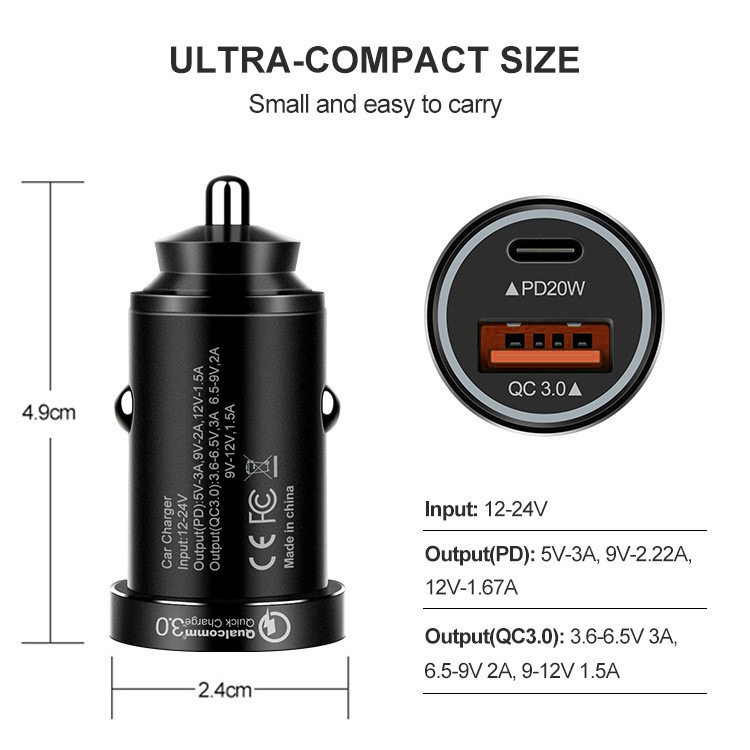 Mini Aluminum Alloy Private Model Car Charger Qc3.0+Pd20W Dual-Port Output 38W Fast Charging Flash Charger