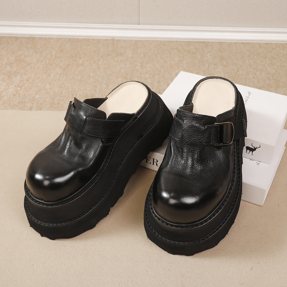 Dép sandal nữ bít mũi da bò đế dày êm chân — Màu đen, Màu đỏ, Màu kaki