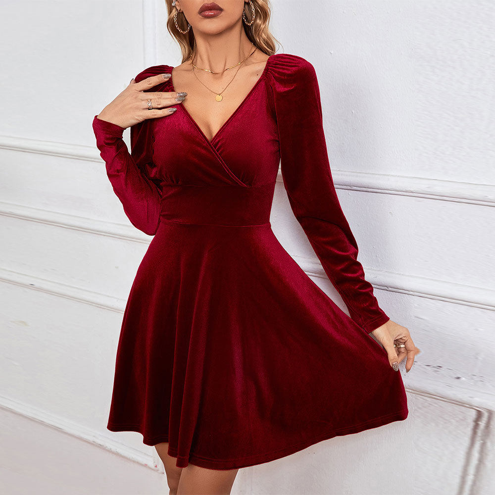 V Neck A Line Dress Waist Defining Velvet Fabric Elegant Design Autumn Winter Party Wear Wholesale Available