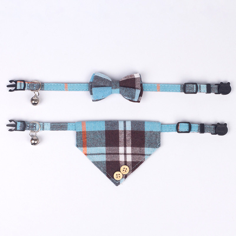 Cross-border new pet collar plaid fabric collar bow saliva towel set factory spot wholesale