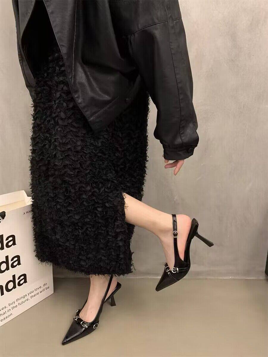 Tweed Style Black Patent Leather Pointed Toe Special-Shaped High-Heeled Shoes 2024 Spring New Supermodel Same Fashion Sandals