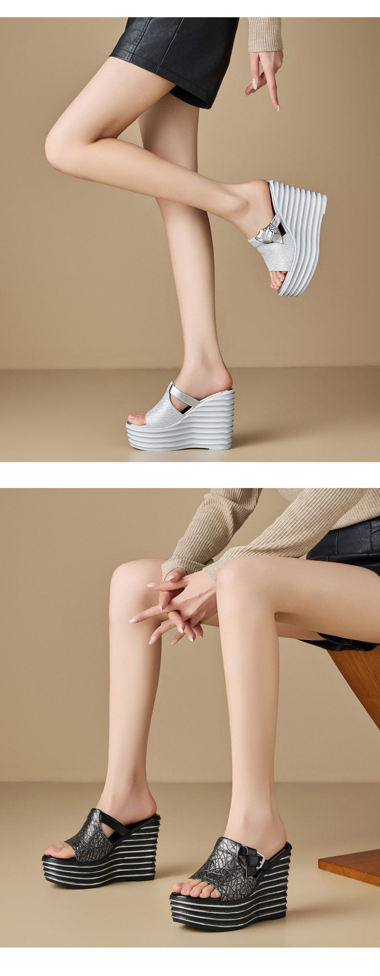 Dép sandal nữ quai chữ V da thật đế xuồng cao 12 cm — [Bạc], [Đen], [Vàng nhạt] chi tiết 5