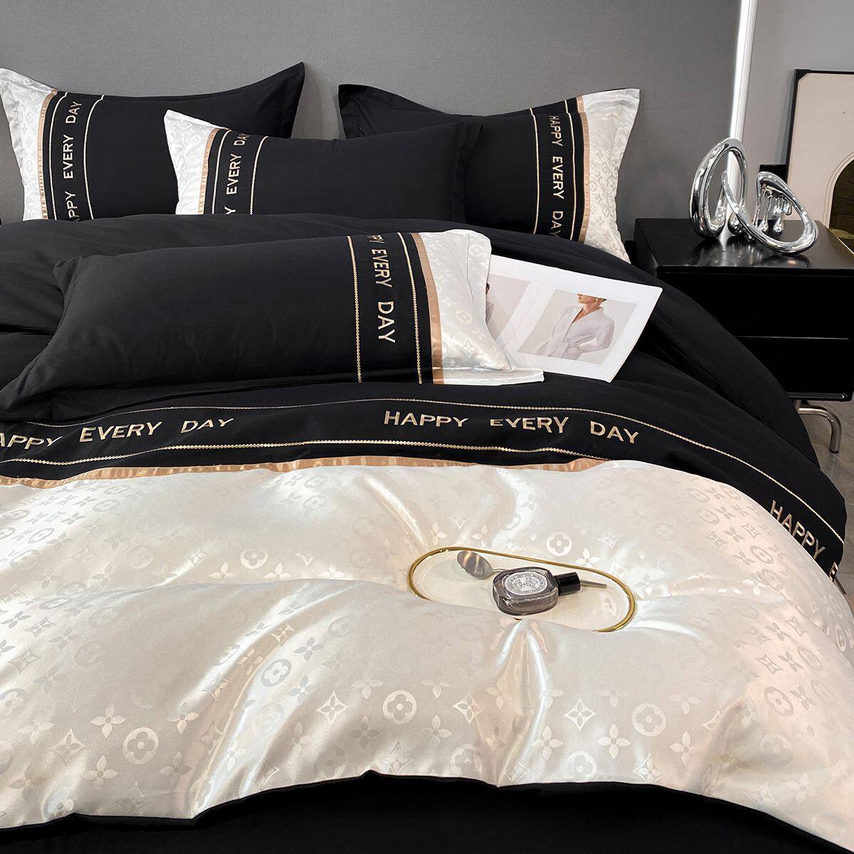 Light Luxury Simple Jacquard Embroidery Four-Piece Set Thickened Brushed 60-Count Washed Cotton Bed Sheet Duvet Cover Three-Piece Fitted Sheet Set