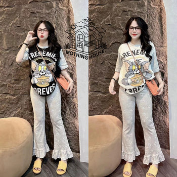 Girls Casual suit Summer New Loose Cartoon Short-sleeved Slim-fit Slimming Micro-flared Trousers Two-piece Women's Clothing