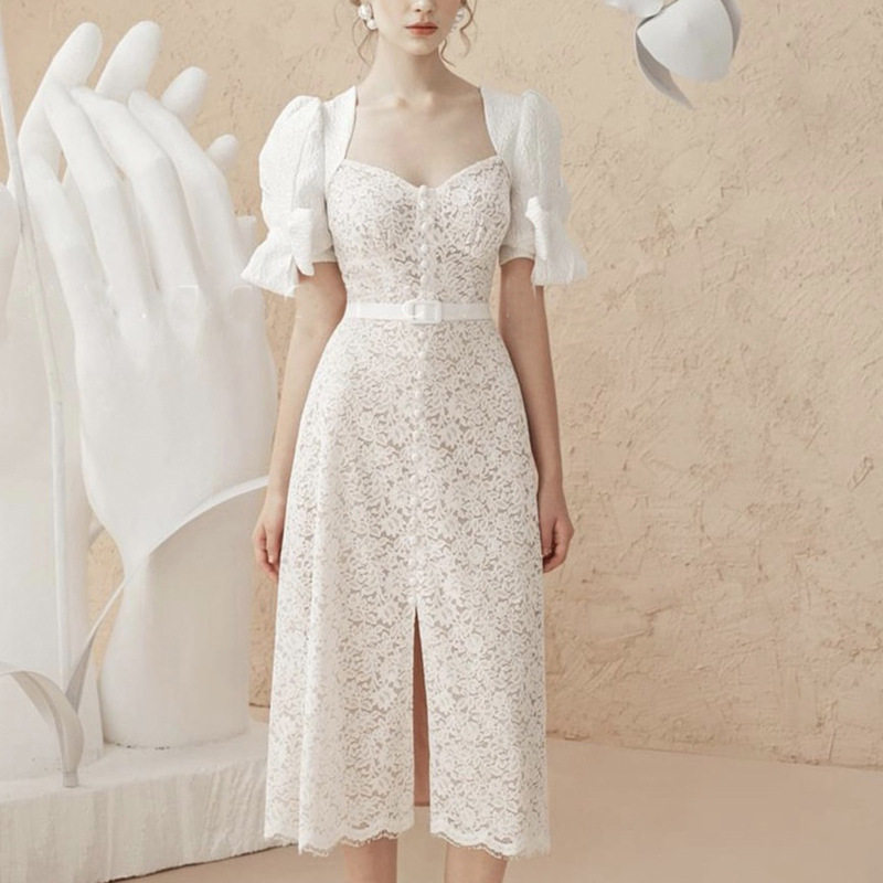 Đầm maxi nữ ren trắng thắt eo tay ngắn cổ V — Trường An