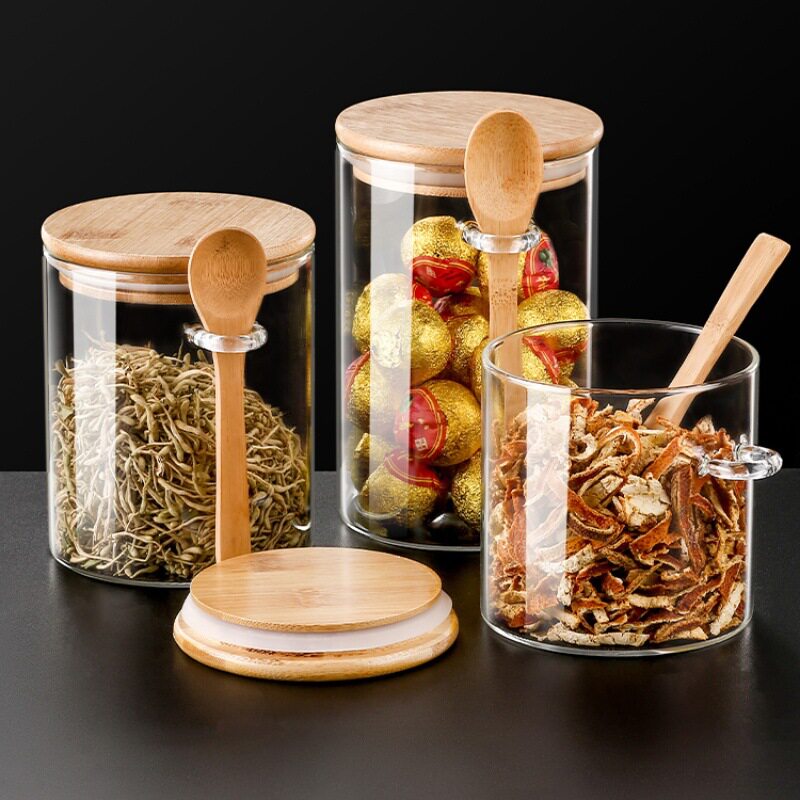 High borosilicate round glass sealed jar seasoning box storage jar coffee beans kitchen supplies storage jar with wooden spoon