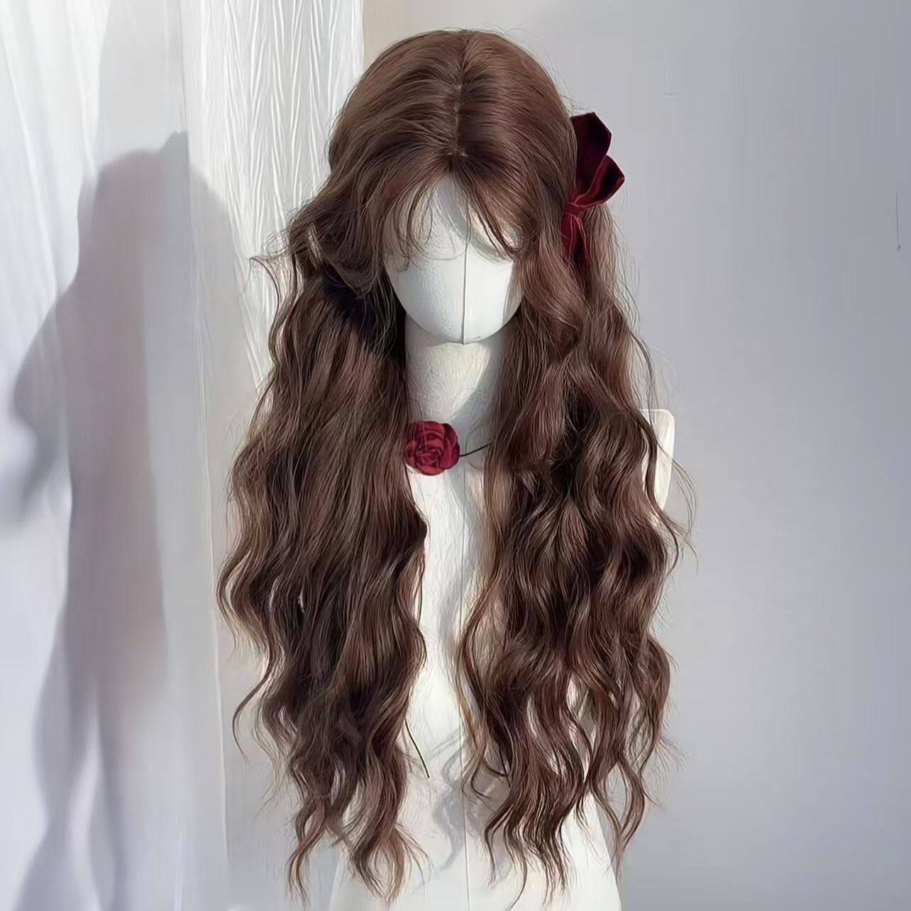[Caramel Chestnut] Wig Women's Autumn and Winter New Chestnut Brown Wool Roll Lazy Elegant Long Curly Hair Full Headgear